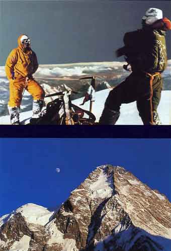 
Top: K2 First Ascent - Lino Lacedelli And Achille Compagnoni On K2 Summit July 30 1954. Bottom: K2 North Face - K2: Challenging the Sky book back cover
